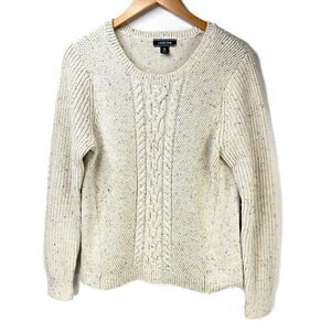 LANDS' END Cable Knit Sweater Womens Sz M Ivory Speckled Cotton Blend Fisherman